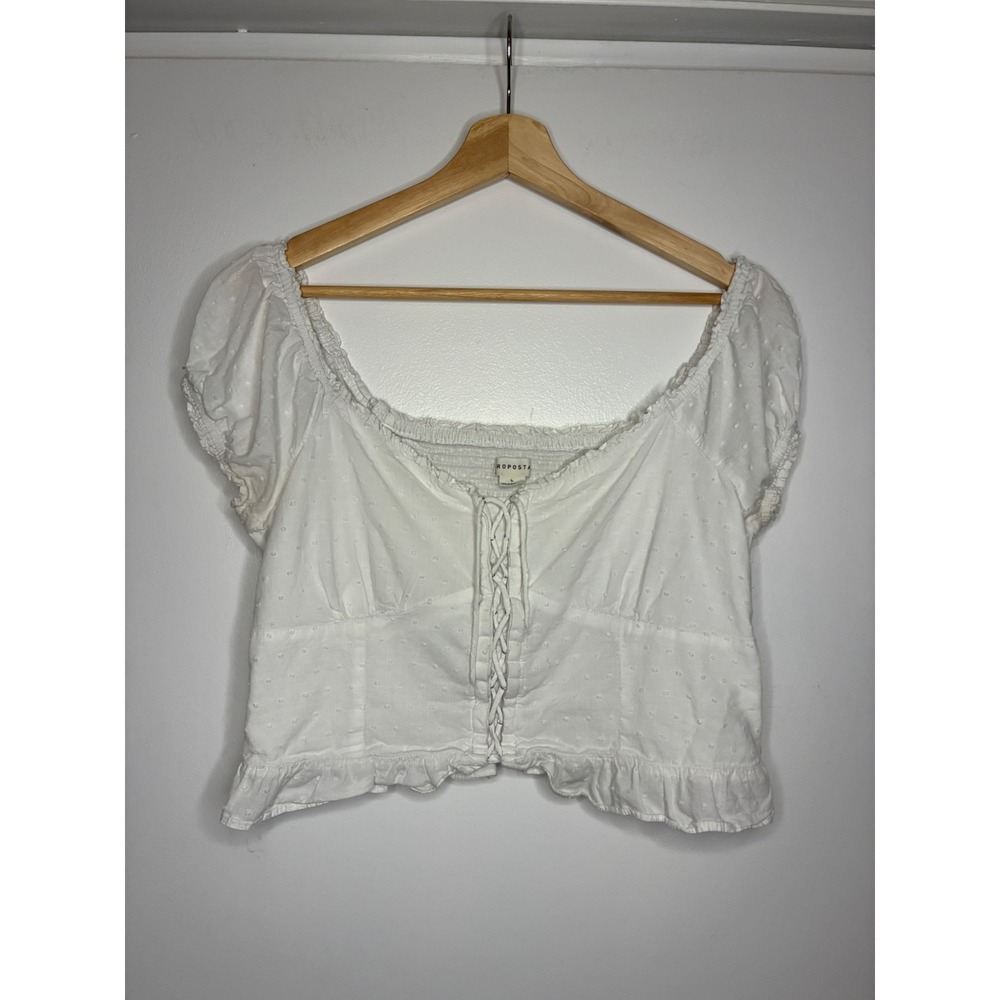 Aeropostale Top Womens L White Swiss Dot Lace Up Ruffle Smocked Crop Blouse Y2K